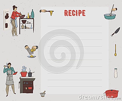 Recipe card. Cookbook page. Design template with people preparing meals, kitchen utensils and appliances. Set for restaurant, cafe Vector Illustration