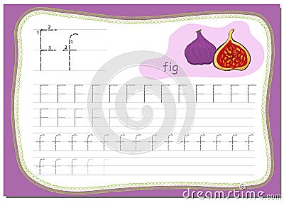 Recipe for children, how to write the letter F. The word for this letter Fig Vector Illustration
