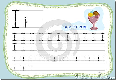 Recipe for children, how to write the letter I. The word for this letter Ice cream Vector Illustration