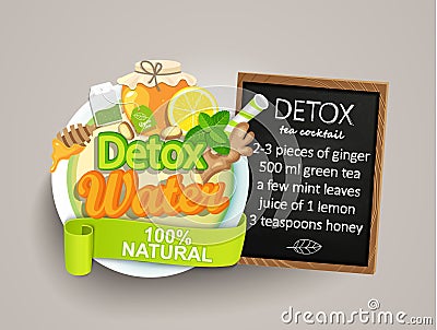 Recipe detox cocktail-tea,lemon,ginger,honey,mint. Cartoon Illustration