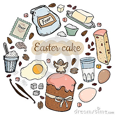 Illustration recipe Easter cake illustration isolated on white in the shape of a circle Cartoon Illustration
