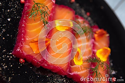 Recipe for gravlax salmon marinated with beet and avocado mayonnaise sauce Stock Photo