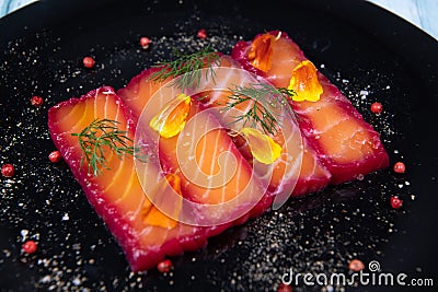 Recipe for gravlax salmon marinated with beet and avocado mayonnaise sauce Stock Photo