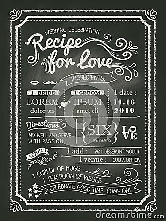 Recipe for love chalkboard Wedding Invitation card Vector Illustration