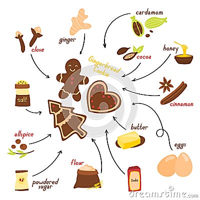 Recipe for making gingerbread cookie in English, vector illustration on a white background Vector Illustration