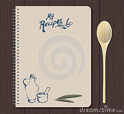 Recipe notebook graph with hand drawn text, oilcan and mortar. Olive leaves. Spoon fork. Vector Illustration