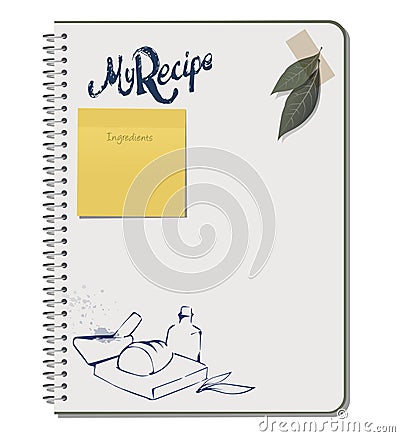 Recipe notebook with hand drawn text, mortar, oilcan, bread, wood plank and olive leaves. Laurel leaves with adhesive tape. Stock Photo