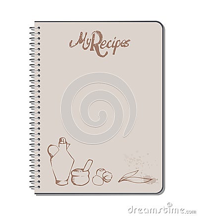 Recipe notebook with hand drawn text, oilcan, mortar, eggs and olive leaves. stains of ink drops. Vector Illustration