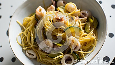 Pasta frutti di mare with calamari and vegetables. Stock Photo