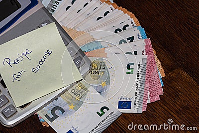 Recipe for success, calculator and euro money on table Stock Photo