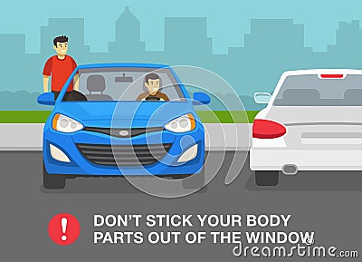 Reckless male character dangles out of front car window. Do not stick your body parts out of the window. Parking area view. Vector Illustration