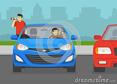 Reckless male character dangles out of front car window and drinks alcohol. Male driver drinks alcohol on parking area. Vector Illustration