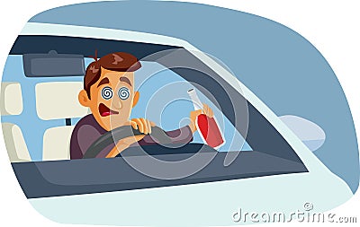 Reckless Man Drinking and Driving Cartoon Drawing Illustration Vector Illustration