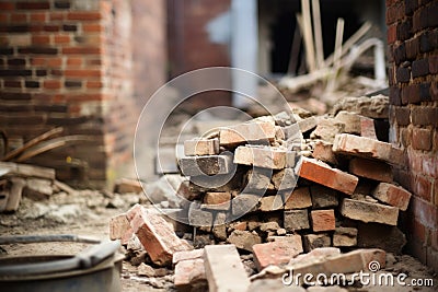 reclaimed bricks stacked with visible old mortar Stock Photo