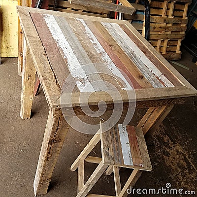 Reclaimed wood pub table Stock Photo