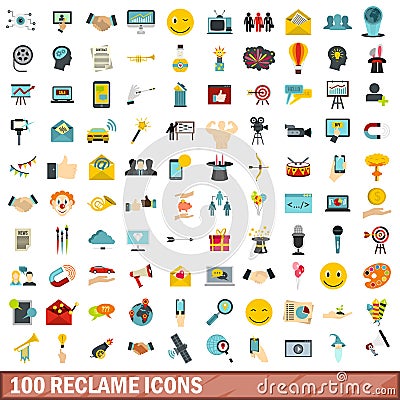 100 reclame icons set, flat style Vector Illustration