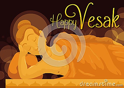 Reclined Golden Statue of Buddha with Bokeh for Vesak Celebration, Vector Illustration Vector Illustration