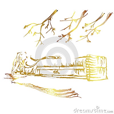 Reclining Buddha with golden border elements Vector sketch design Stock Photo