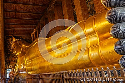 Reclining Buddha Image Landscape at Wat Pho in Bangkok Thailand Stock Photo