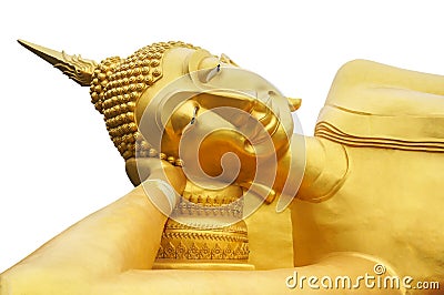 Reclining sleeping golden Buddha statue at temple in Thaialnd , isolated on a white background Stock Photo