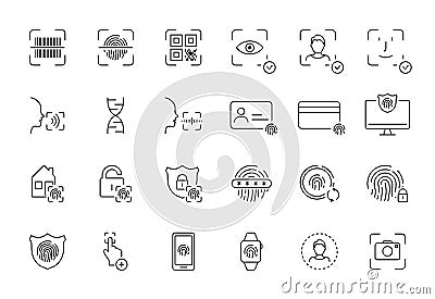 Recognition of Identity Line Icon. Set of Biometric Verification with Barcode, Qr Code, Fingerprint, Face Id, Voice Vector Illustration