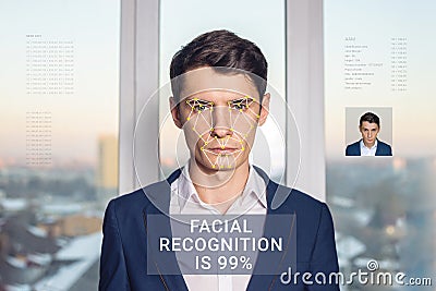 Recognition of male face. Biometric verification and identification Stock Photo