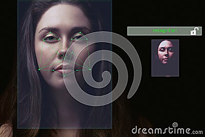 Recognition of the user`s face, the security system .the access is allowed .the concept of privacy Stock Photo