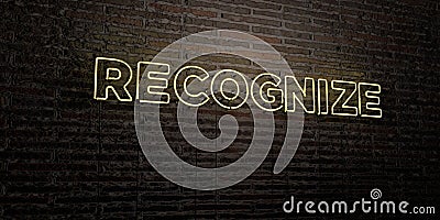 RECOGNIZE -Realistic Neon Sign on Brick Wall background - 3D rendered royalty free stock image Stock Photo