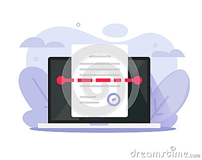 Recognize scan text file document on computer laptop vector icon or scanning business doc on pc screen flat cartoon graphic Vector Illustration