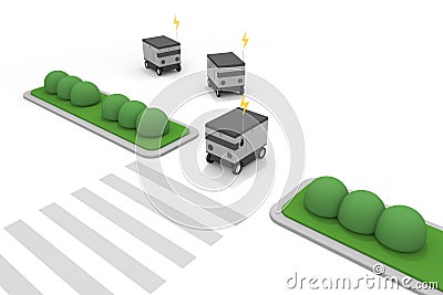 Recognize the terrain and drive automatically. An unmanned machine works. A delivery robot runs through the city. A robot that del Stock Photo