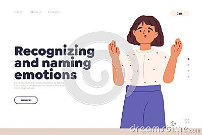 Recognizing and naming emotions concept of landing page with shocked kid girl with mouth open Vector Illustration