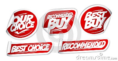 Recommended buy, best choice, best buy vector stickers collection Vector Illustration