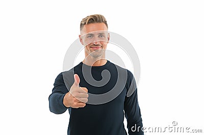 Recommended. Happy promoter give thumbs up hand. Promoting and approving. Promoting product. Promoting and advertising Stock Photo