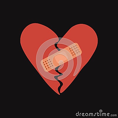 Reconciliation concept. Broken red heart with patch. Restore love Isolated on black background Vector Illustration