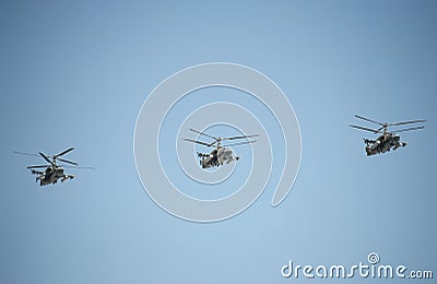 Reconnaissance and attack helicopter Ka-52 `alligator` at the rehearsal of the Victory parade in Moscow. Editorial Stock Photo