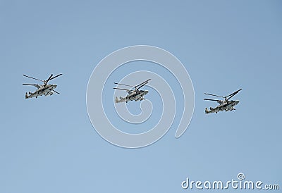 Reconnaissance and attack helicopter Ka-52 `alligator` at the rehearsal of the Victory parade in Moscow. Editorial Stock Photo