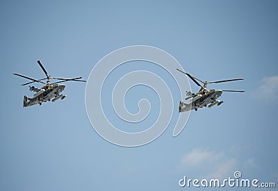 Reconnaissance and attack helicopter Ka-52 `alligator` at the rehearsal of the Victory parade in Moscow. Stock Photo