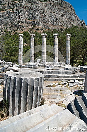 The reconstructed columns of the Temple of Athena Stock Photo