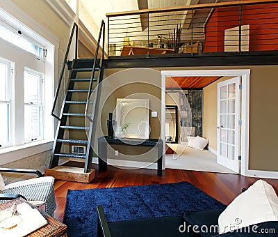 Reconstructed modern living room with mezzanine Stock Photo