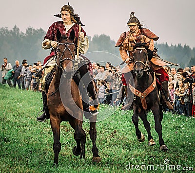 Reconstruction of the historic battle of the ancient Slavs in the fifth festival of historical clubs in Zhukovsky district of Editorial Stock Photo