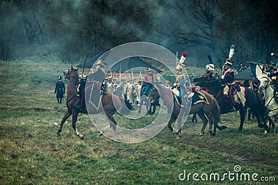 Reconstruction of the historic battle between the Russian and Napoleon's troops from the Russian city of Maloyaroslavets. Editorial Stock Photo