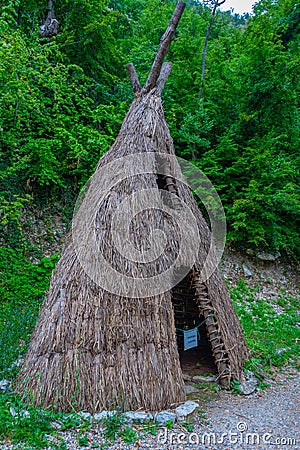 Reconstruction of paleolithic village at Lepenski Vir in Serbia Stock Photo