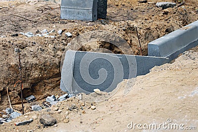 Reconstruction of the road in the pedestrian zone in city street. Repair pavement laying of paving slabs on the walkway Stock Photo