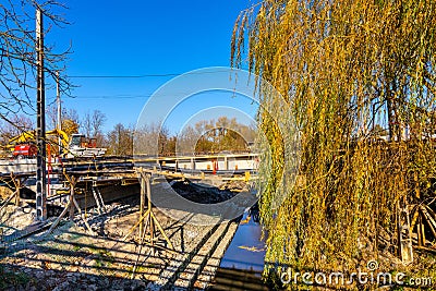 Reconstruction works of the 3 Maja street bridge over Budzisz creek in Sedziszow Malopolski town of Podkarpacie region in Poland Editorial Stock Photo