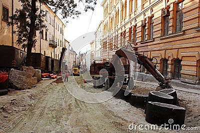 Reconstruction works on the street Editorial Stock Photo