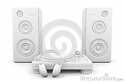 Record player, headphones and speakers Stock Photo