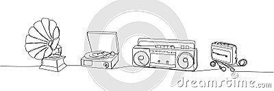 Record Player set, Turntable, Gramophone, tape recorder one line art. Continuous line drawing of vinyl, record, melody Cartoon Illustration