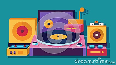 Record players and turntables displayed alongside vinyl a haven for those searching for the perfect vintage setup Vector Illustration