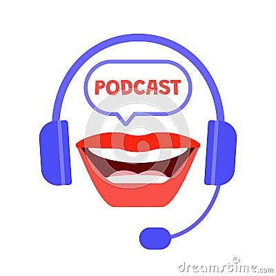 Recording podcast radio studio with headset and mouth icon. Sound equipment, microphone, headset for speak. Vector illustration Vector Illustration