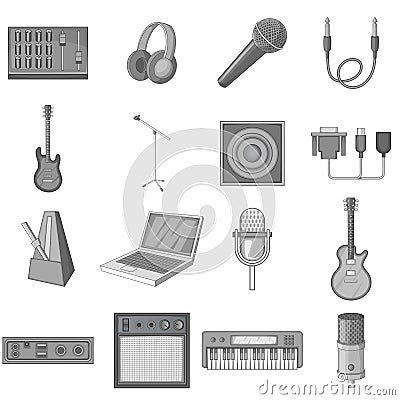 Recording studio icons set monochrome Vector Illustration